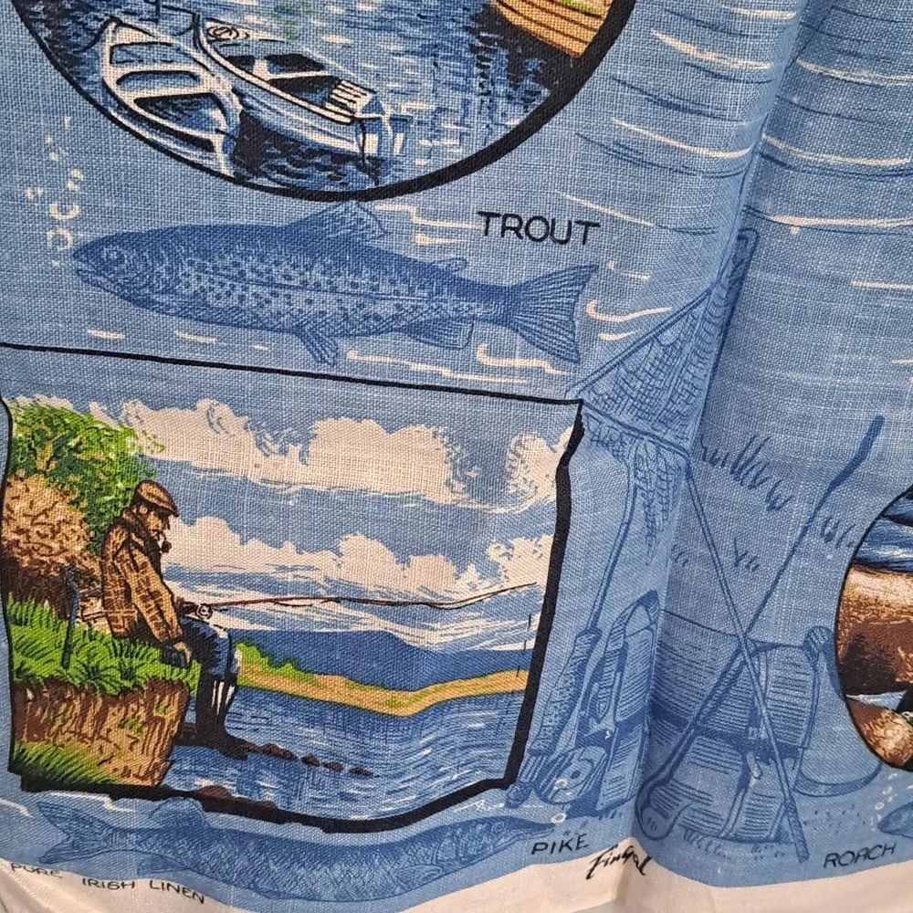 Vintage Irish Linen Tea Towel Ireland Anglers Paradise Fishing NWOT 1980's
